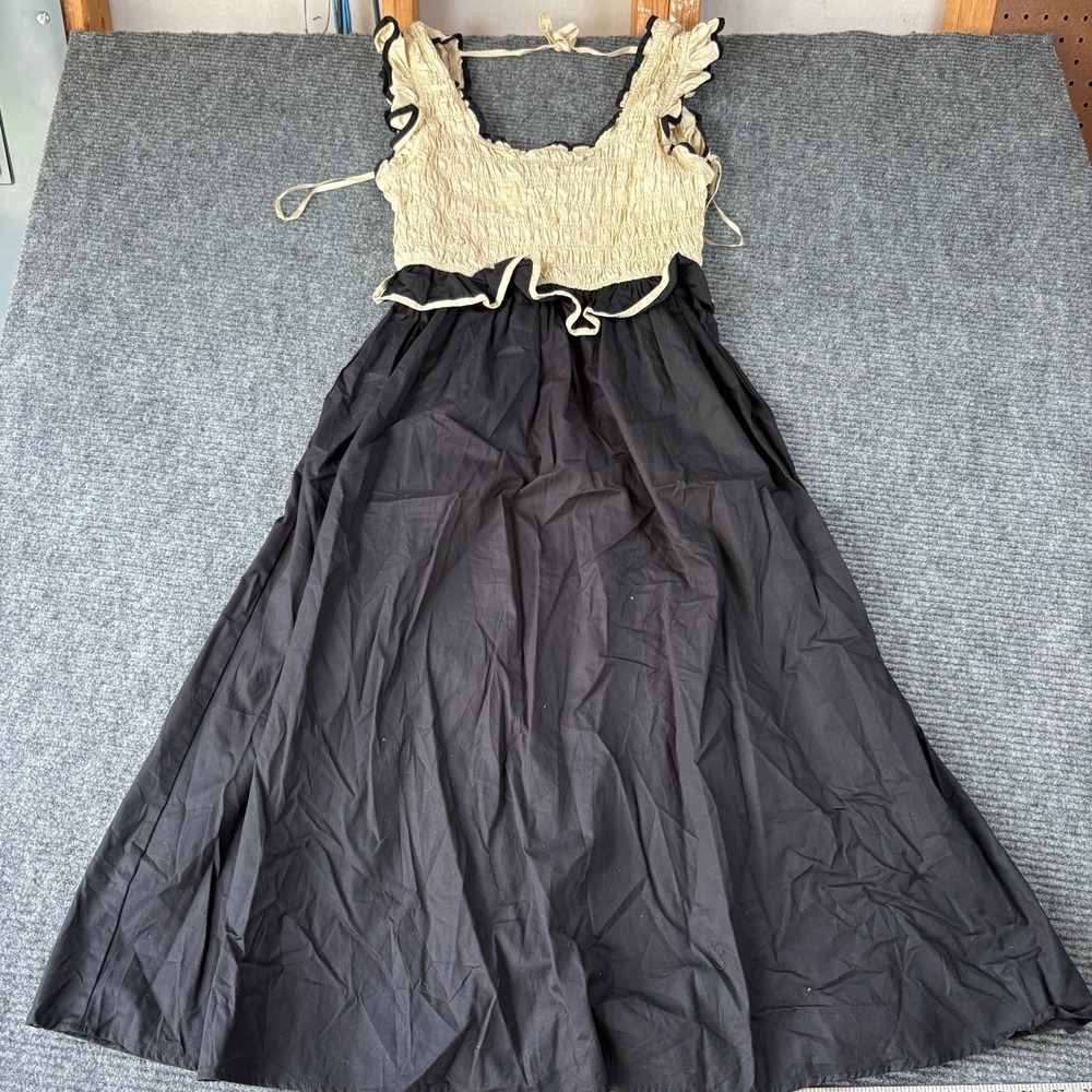 In The Beginning Smocked Bodice Maxi Dress Cream Black Ruffle Strap Large NWT